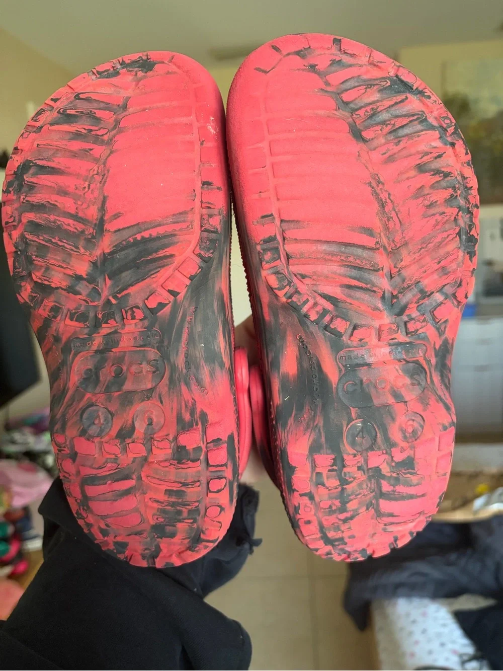 CROCS Kids Red and Black Marble Clogs with Heel Strap